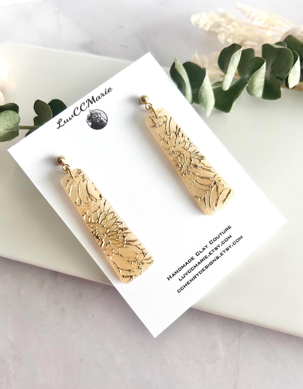 Sunflower Earrings, Bar Dangles, Gold and Cream, Handmade Lightweight Hypoallergenic Jewelry