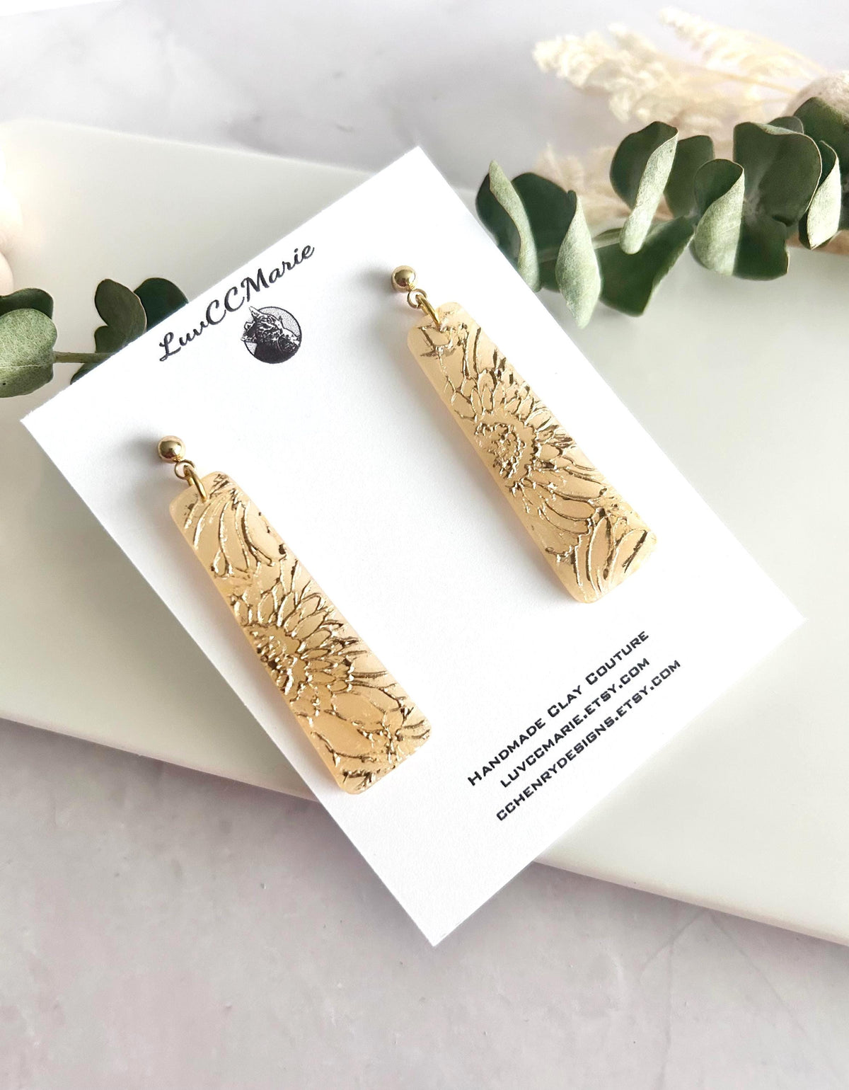 Sunflower Earrings, Bar Dangles, Gold and Cream, Handmade Lightweight Hypoallergenic Jewelry