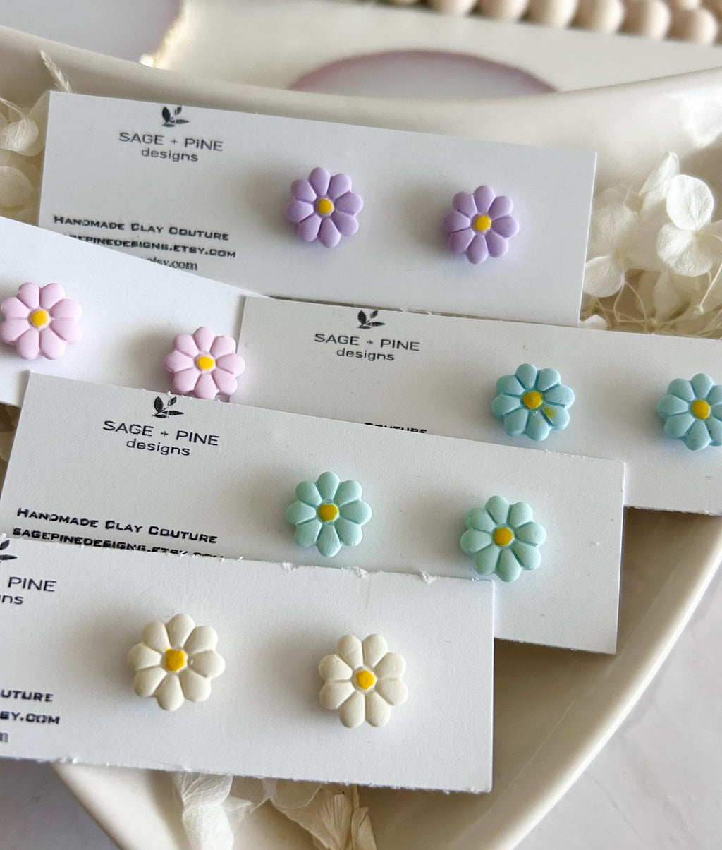 Flower Studs, Daisy Earrings, Boho Clay Floral Jewelry, Purple, Light Blue, Cream, Mint, Pink