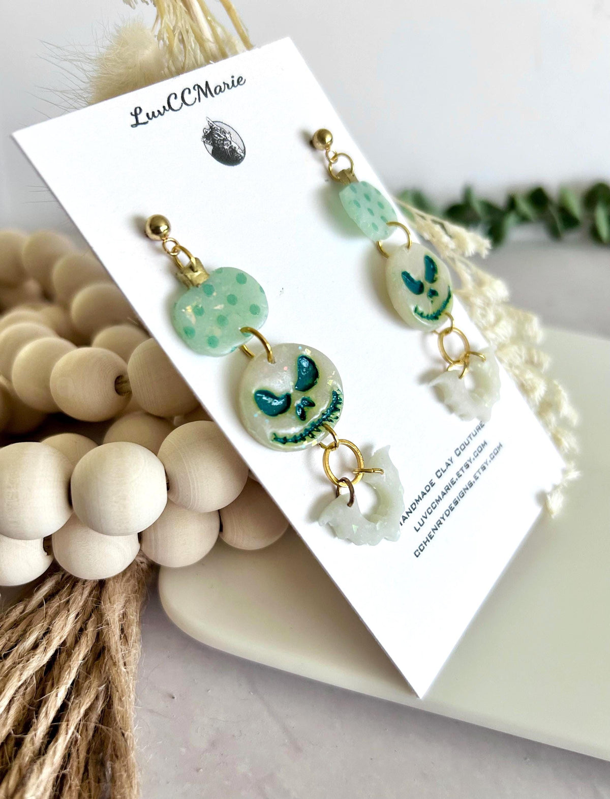 Mint Green Pumpkin Earrings, Skull Bat Long Dangles, Lightweight Hypoallergenic Clay Polka Dot
