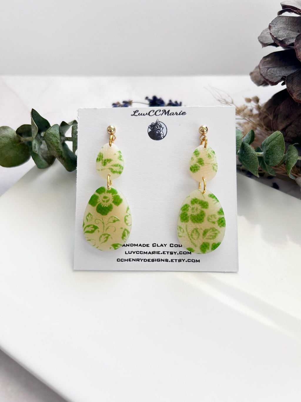 Bright Green and Sheer Cream Floral Clay Dangle Earrings, Handmade Jewelry