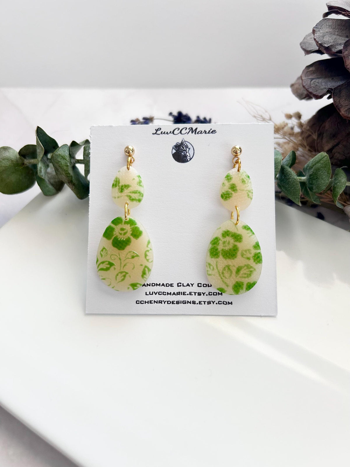Bright Green and Sheer Cream Floral Clay Dangle Earrings, Handmade Jewelry