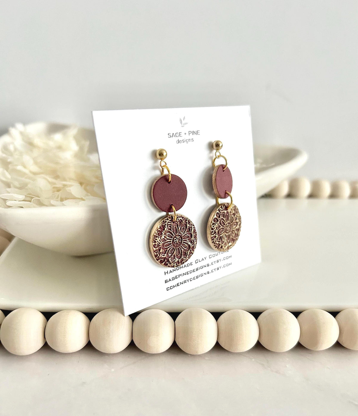Dark Burgundy Clay Earrings, Gold Mandala Embossed Dangles, Handmade Boho Jewelry