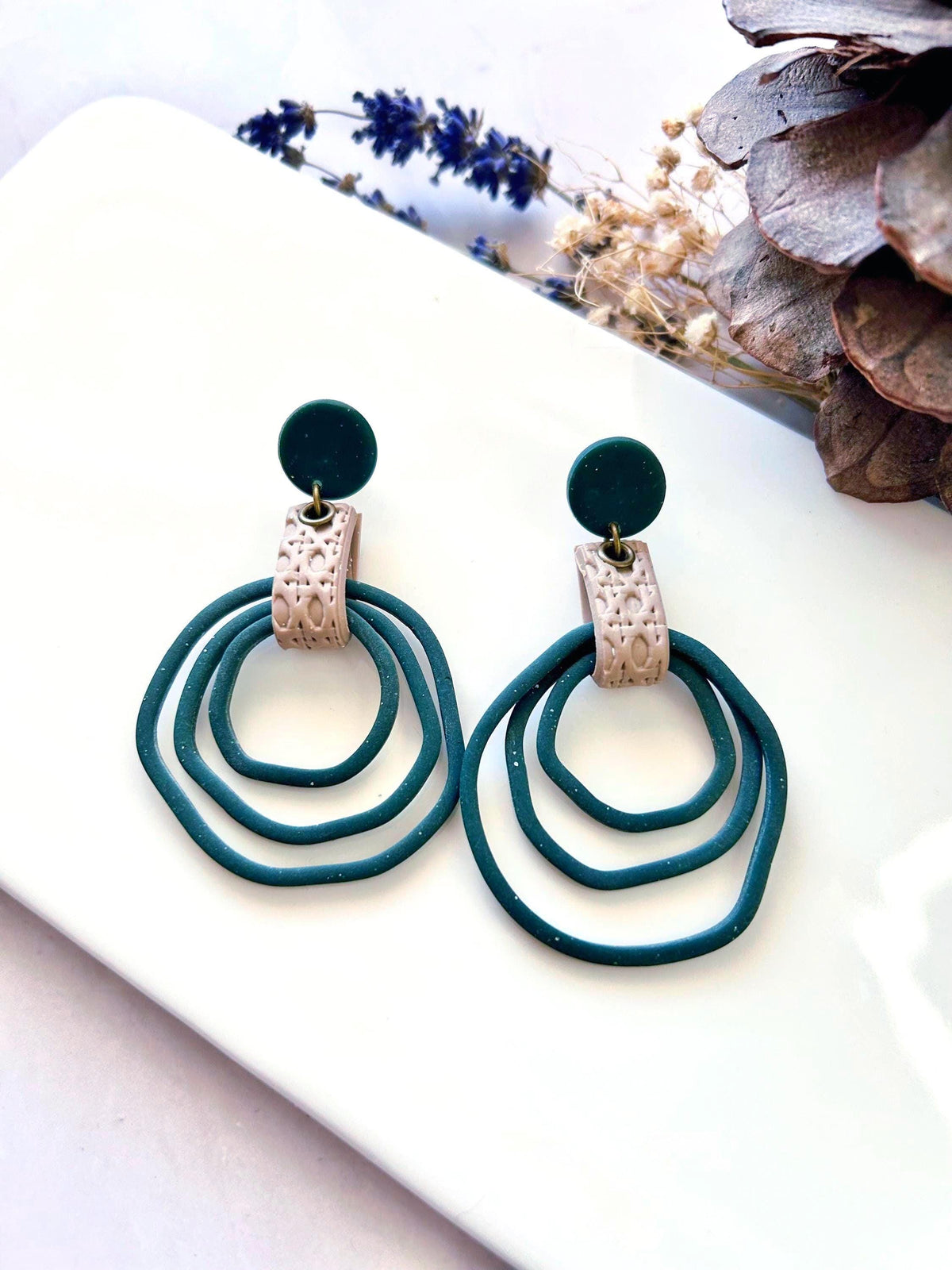 Dark Green Hoop Earrings, Forest Green Large Thin Hoops, Long Hanging Art Nouveau Drops, Unique Artisanal Dangles