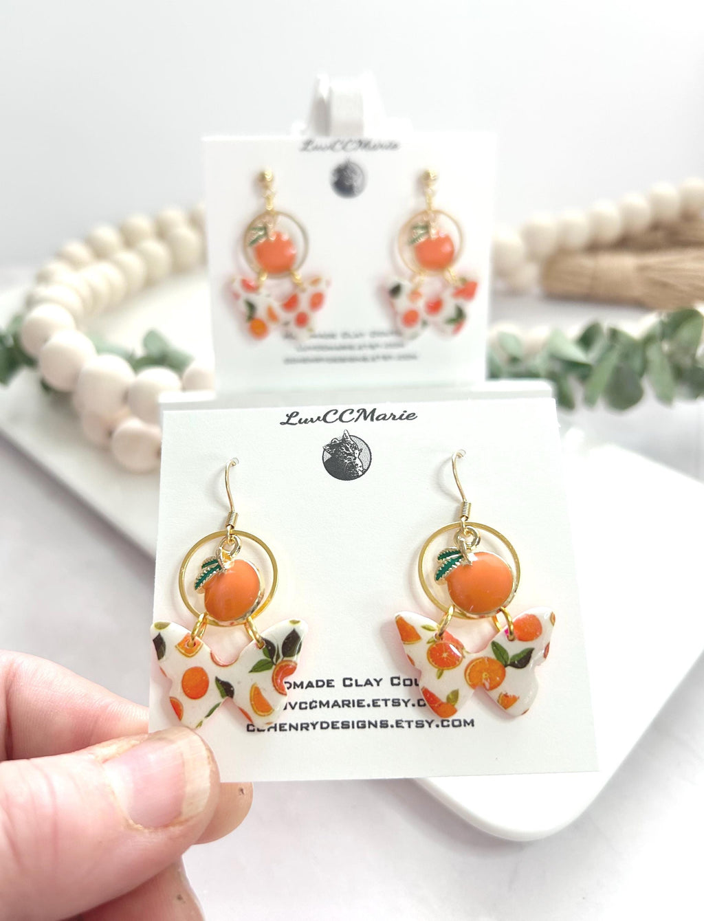 White and Orange Butterfly Earrings, Fruit Dangles, Handmade Clay Summer Jewelry Foodie Gift