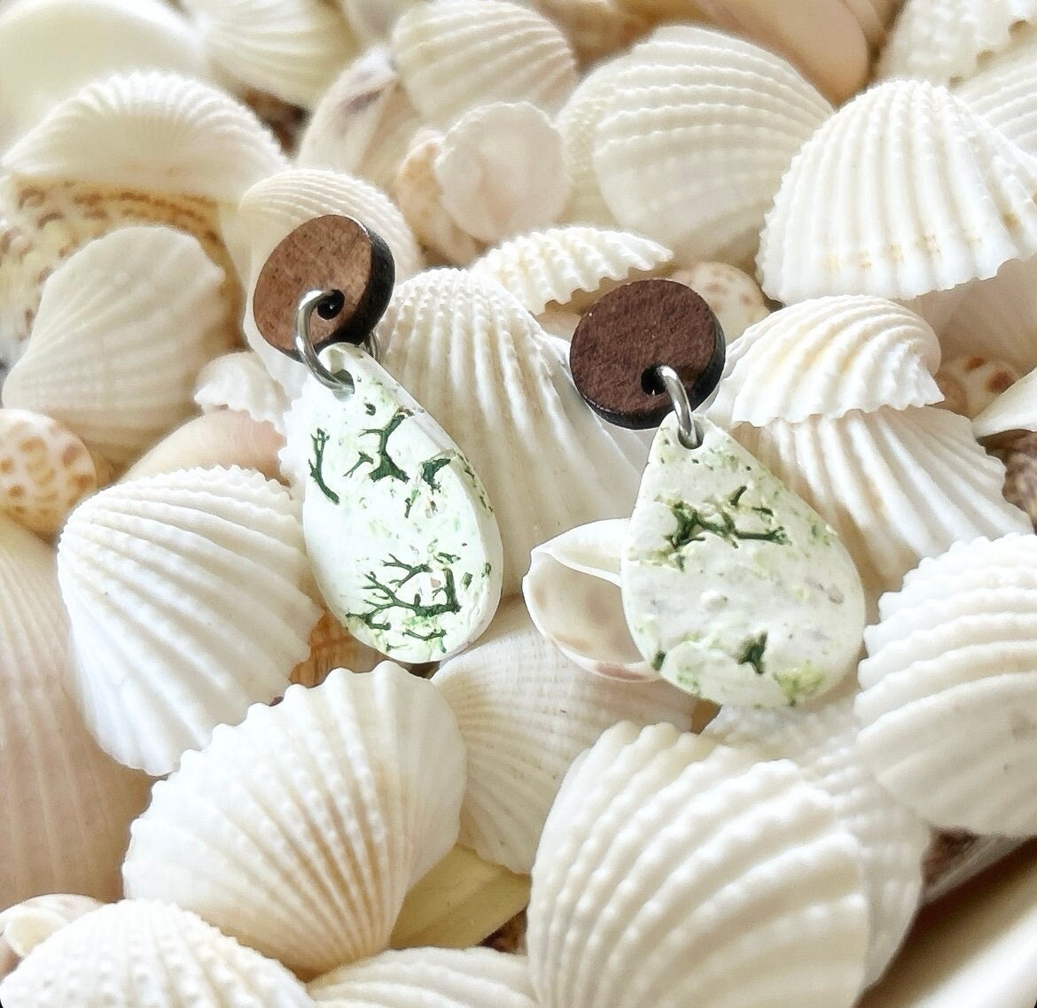 Nature Inspired Moss Earrings, Clay and Wood Drop Dangles, White and Green Lightweight Jewelry