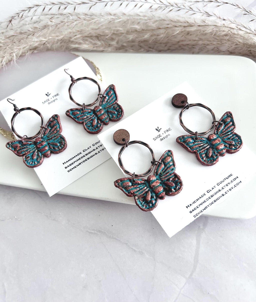 Copper Patina Rustic Moth Clay Earrings, Blue Green Insect Dangles, Lightweight Hypoallergenic