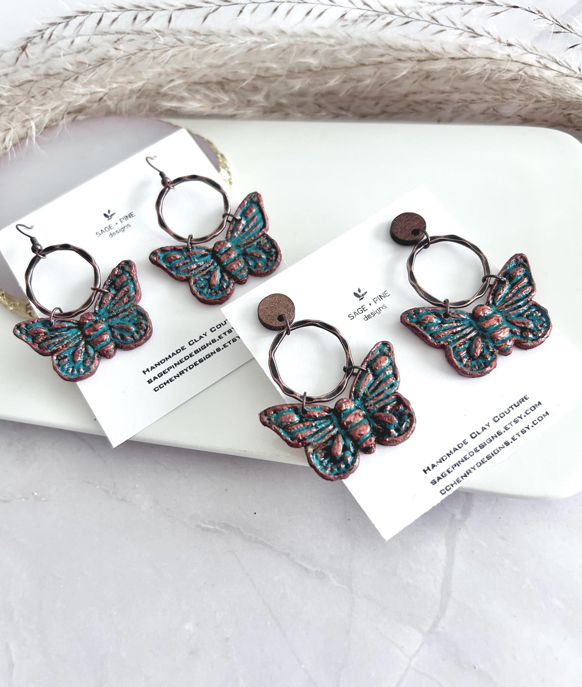 Copper Patina Rustic Moth Clay Earrings, Blue Green Insect Dangles, Lightweight Hypoallergenic