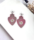 Mexican Strawberry Earrings, Hand Painted Daisy Flower Fuchsia Pink Heart Dangles, Handmade Jewelry Gift
