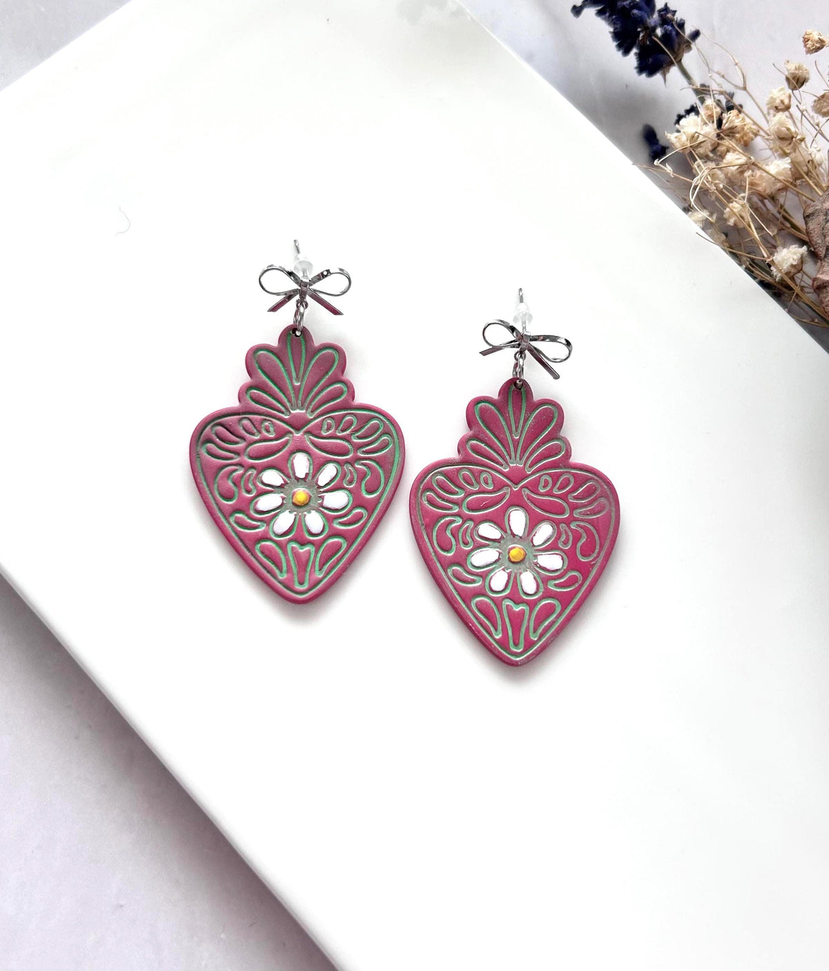 Mexican Strawberry Earrings, Hand Painted Daisy Flower Fuchsia Pink Heart Dangles, Handmade Jewelry Gift