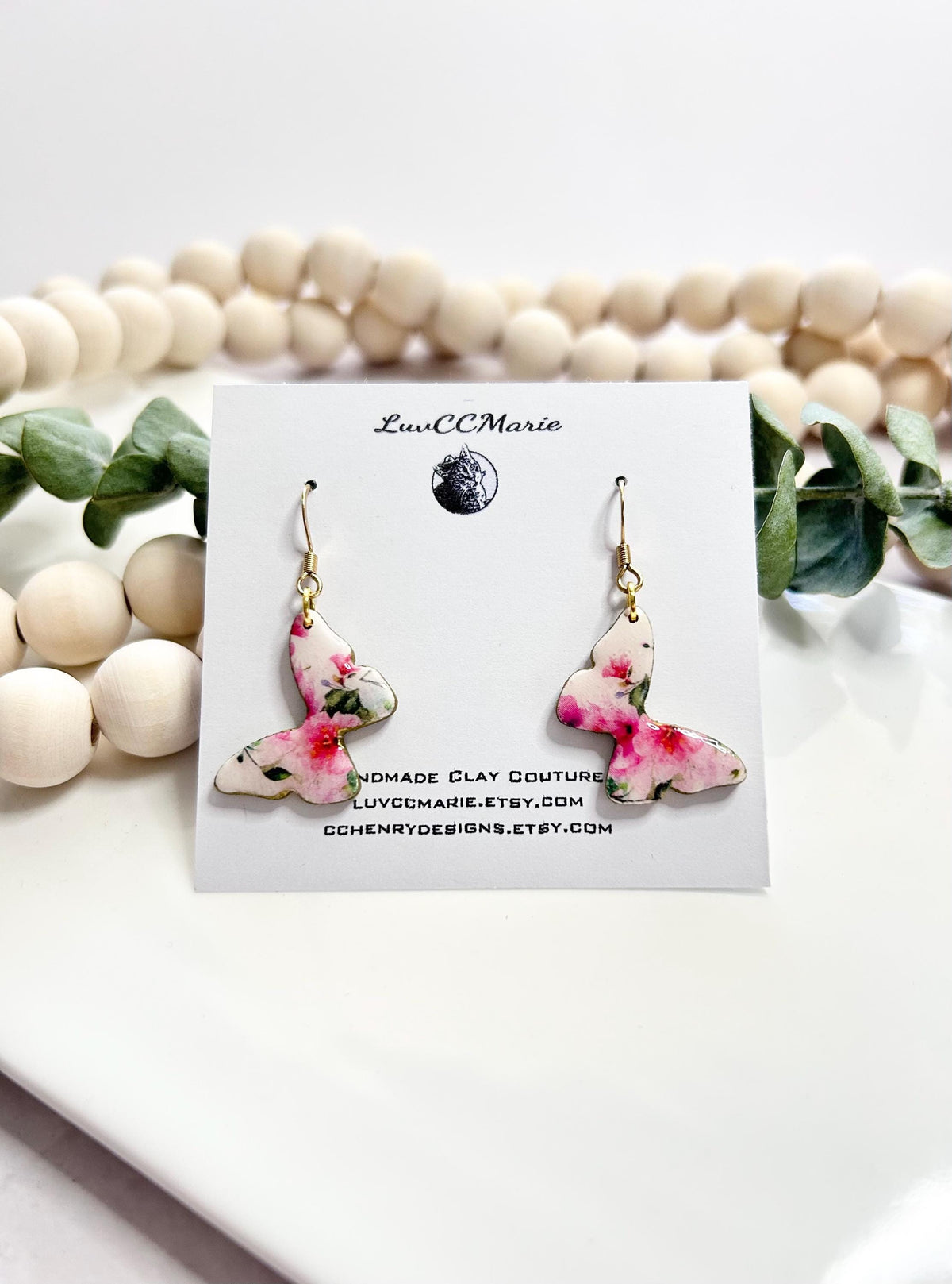 White and Pink Butterfly Earrings, Dainty Dangles, Floral Drops, Handmade Clay Fashion Gift
