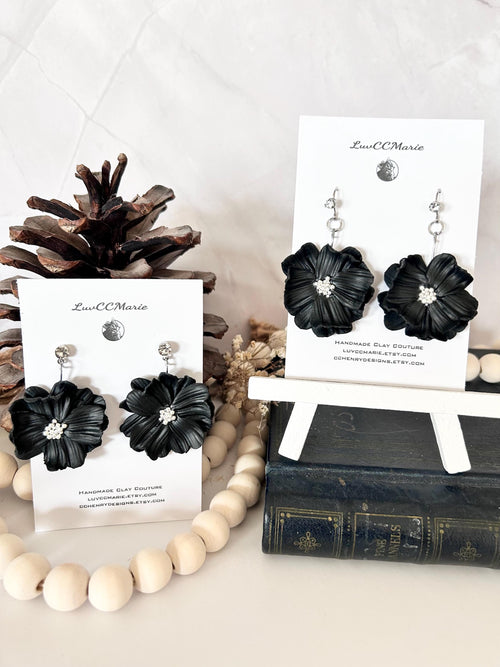 Black Dangle Flower Earrings, Big Floral Drop Dangles, Silver Rhinestone Unique Statement Jewelry Gift