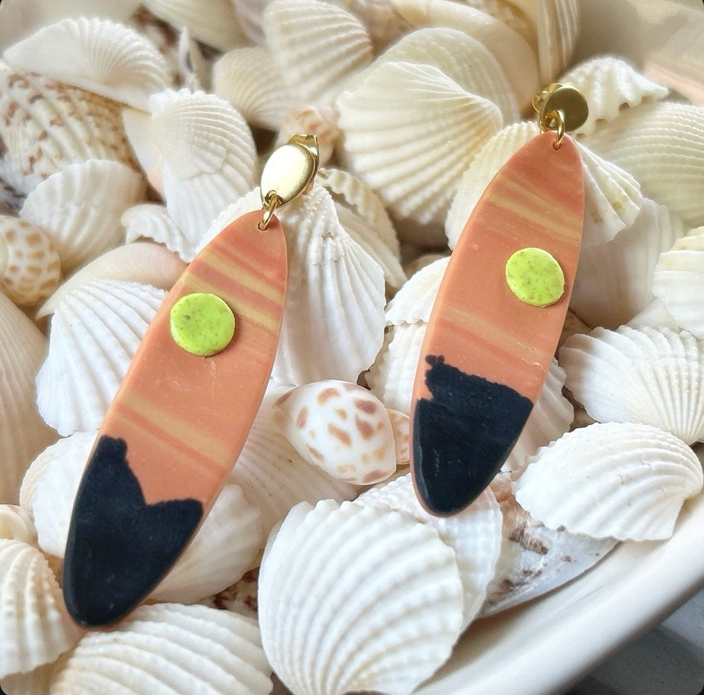 Orange Surfboard Clay Earrings, Handmade Boho Vacation Jewelry, Sunset Dangles