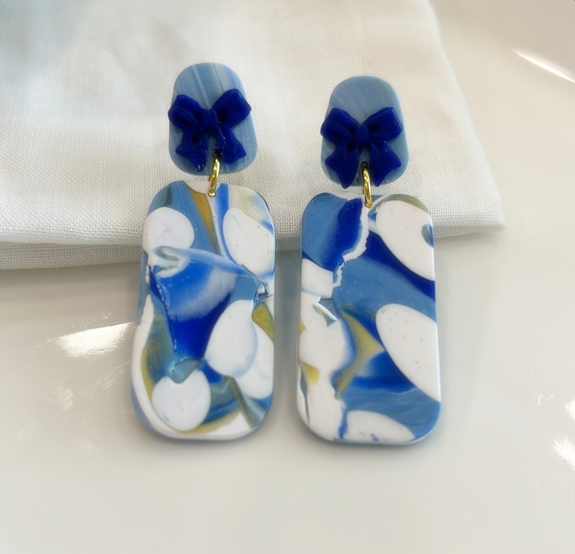 Cobalt Blue Polka Dot Stud Dangles, Gold White Clay Earrings, Handmade Fashion Clay Jewelry