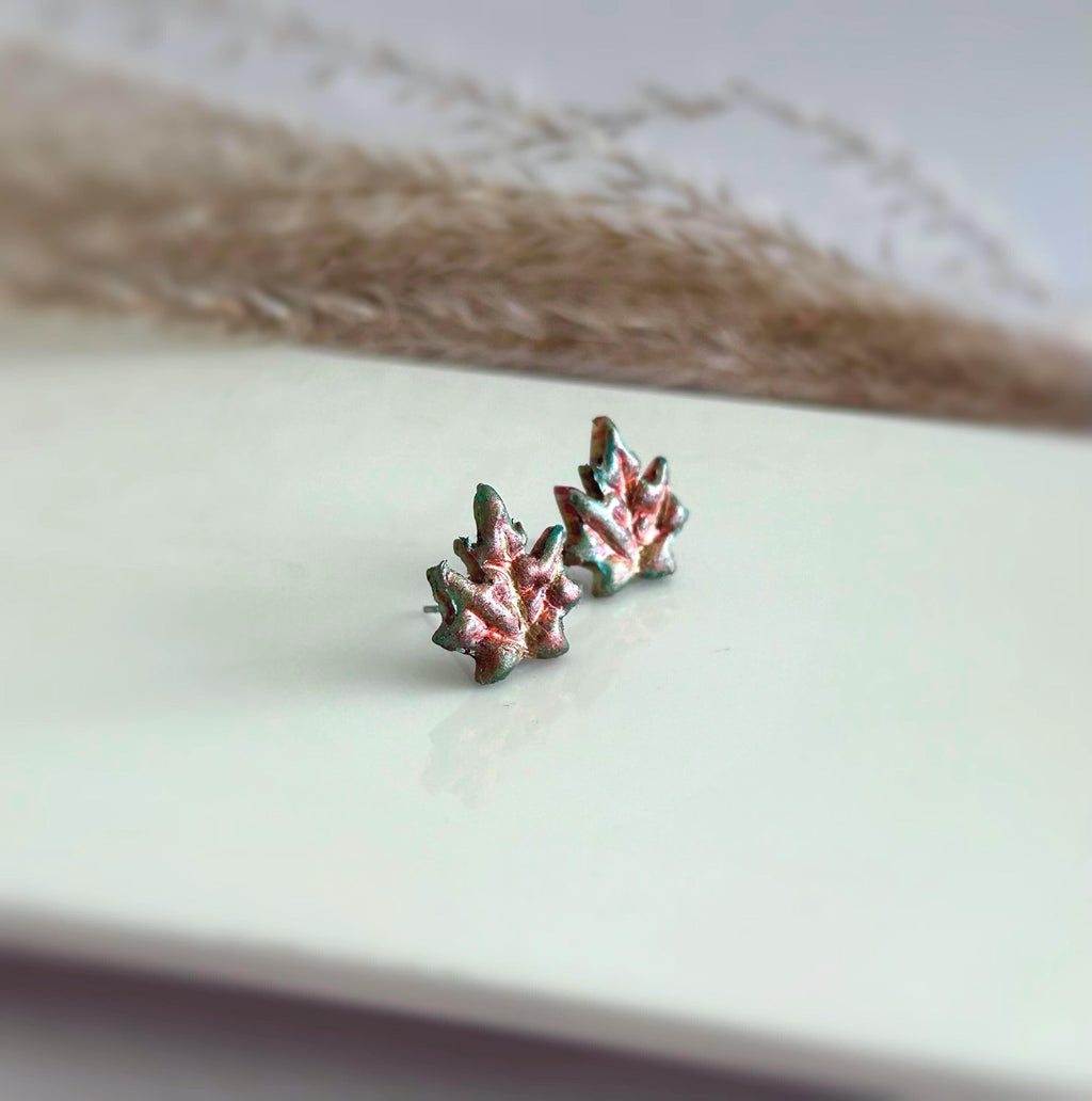 Fall Maple Leaf Stud Earrings, Multicolor Autumn Clay Studs, Handmade Boho Gift