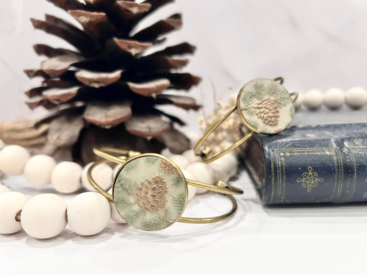 Sage Bracelet, Pine Cone Floral Cuff, Handmade Fashion Boho Jewelry