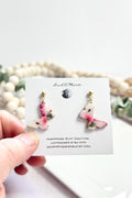 White and Pink Butterfly Earrings, Dainty Dangles, Floral Drops, Handmade Clay Fashion Gift