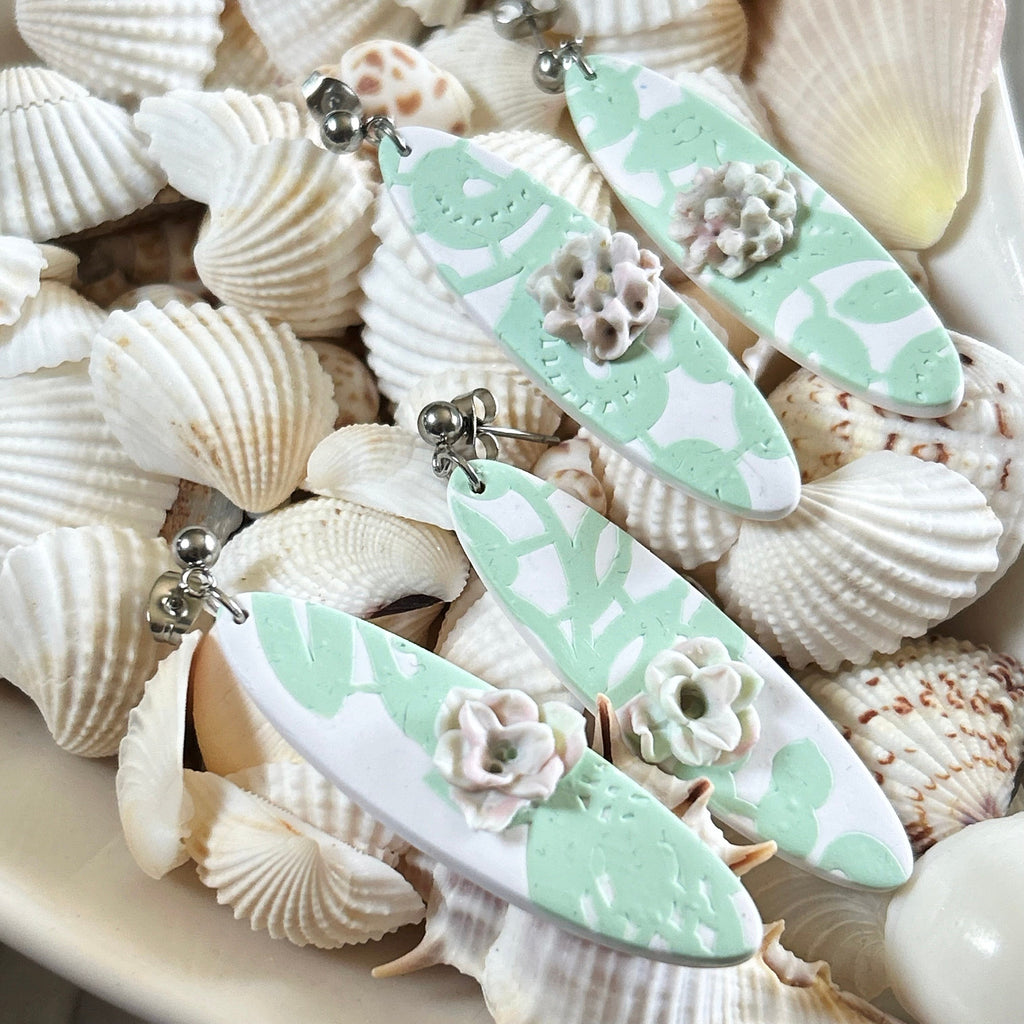 Mint Green Succulent Clay Earrings: Boho Surfboard Dangles