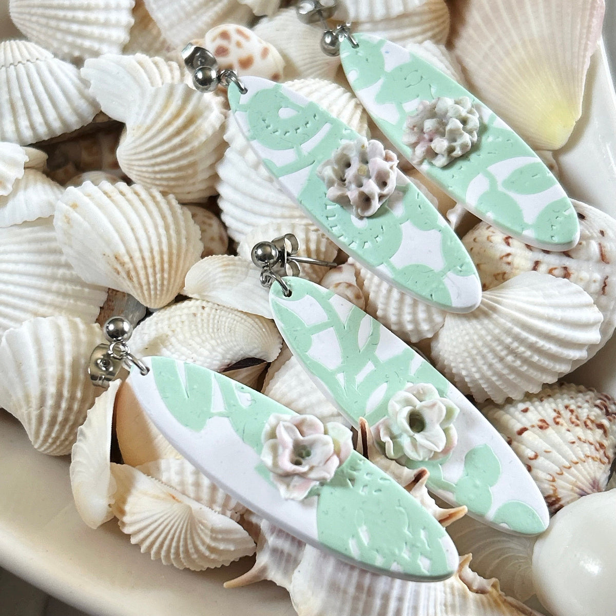 Mint Green Succulent Clay Earrings: Boho Surfboard Dangles