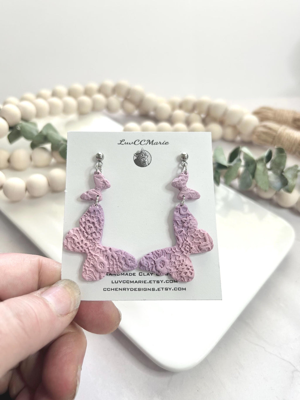Lavender Floral Butterfly Earrings, Light Purple Embossed Dangles, Handmade Clay Jewelry Gift