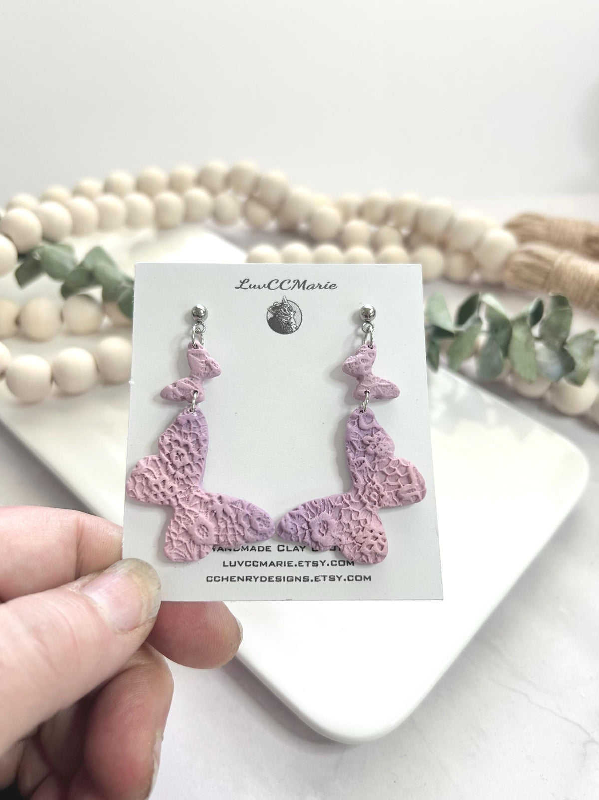 Lavender Floral Butterfly Earrings, Light Purple Embossed Dangles, Handmade Clay Jewelry Gift