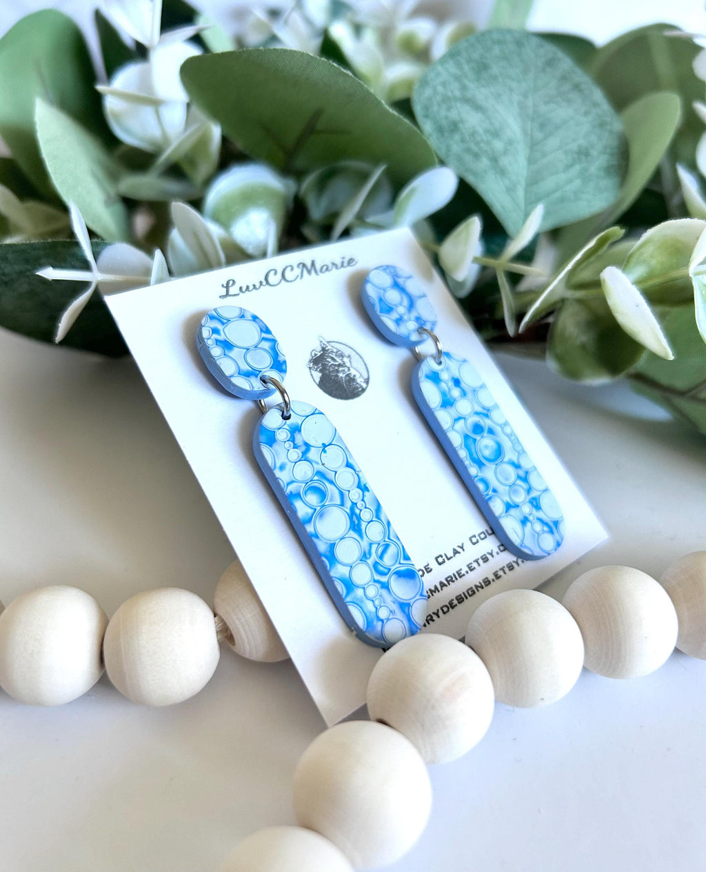 Cobalt Blue Bar Earrings: Mokume Clay Boho Dangles
