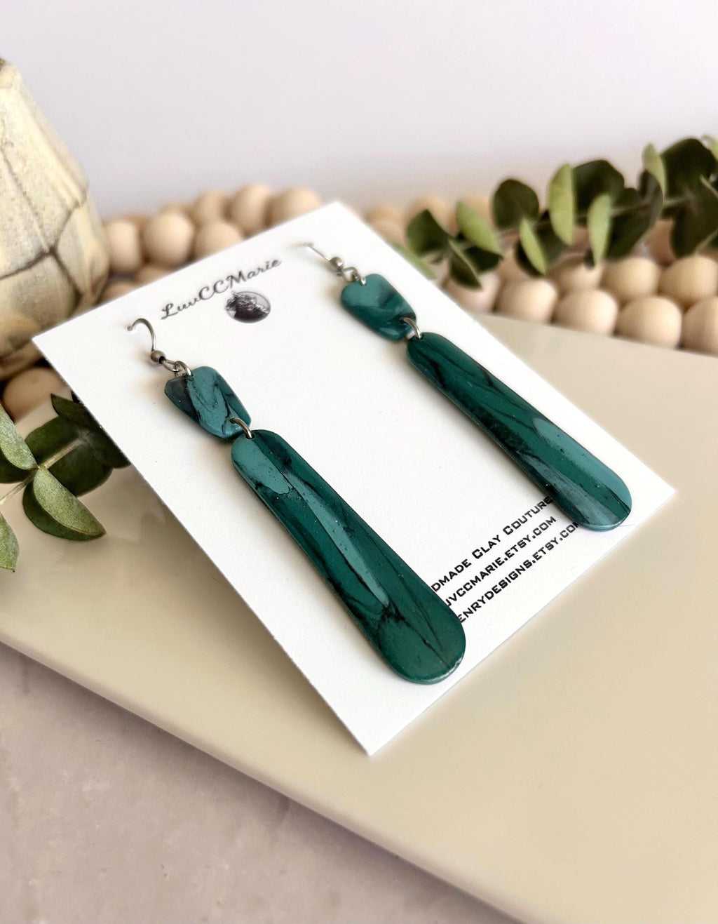 Emerald Green and Teal Blue Silver Long Dangle Earrings, Handmade Clay Coastal Jewelry