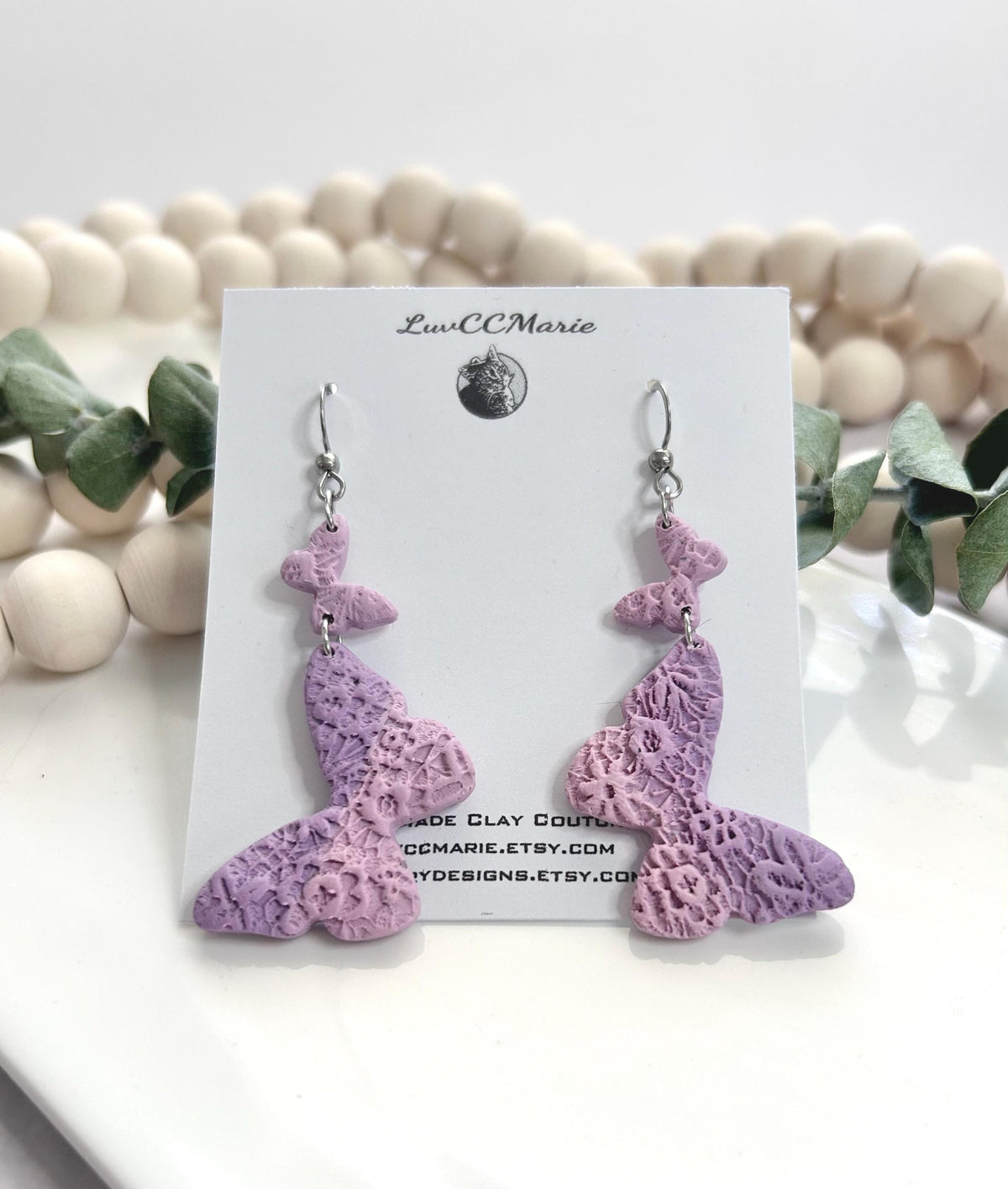 Lavender Floral Butterfly Earrings, Light Purple Embossed Dangles, Handmade Clay Jewelry Gift
