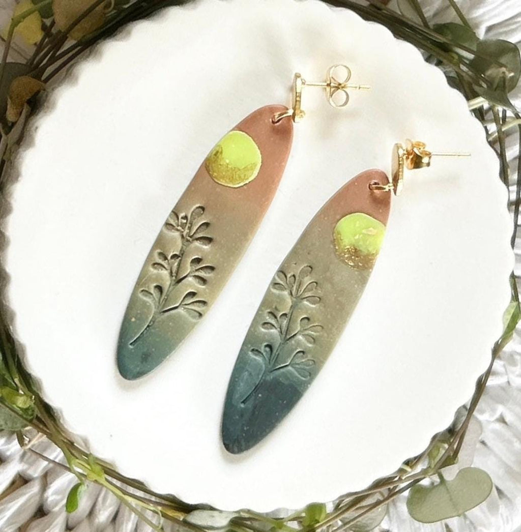 Surfboard Earrings, Orange and Green Moon Dangles, Embossed Clay Handmade Jewelry