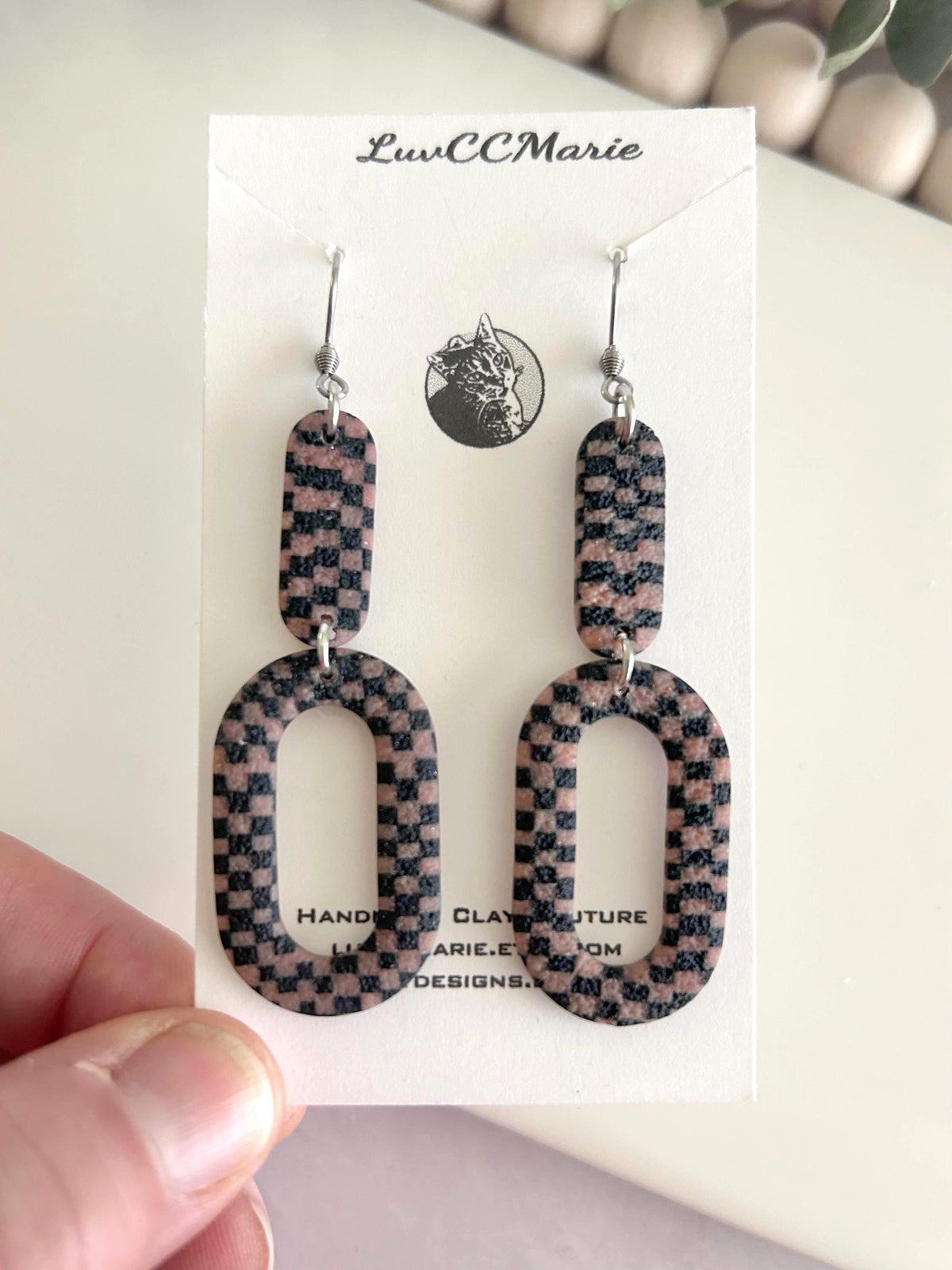 Pink Black Modern Gingham Dangle Earrings, Geometric Checkered Dangles, Handmade Clay Plaid Jewelry