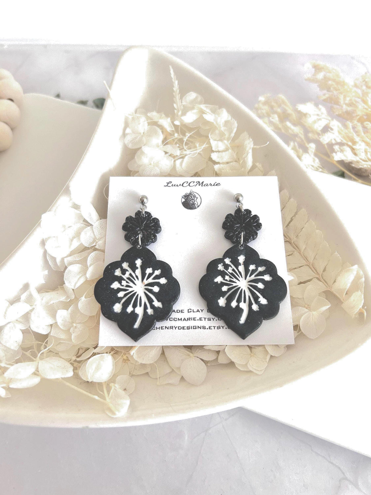 Black Dandelion Statement Earrings, White Floral Clay Dangles, Handmade Jewelry Gift for Her