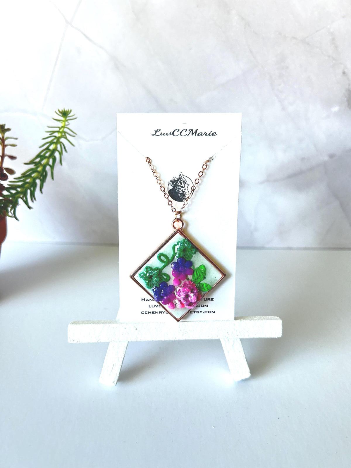 Handmade Polymer Clay Grapes & Rose Pendant Necklace, Rose Gold