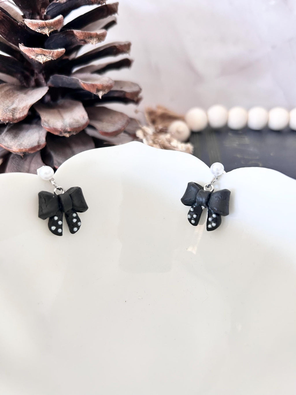 Black Clay Bow Knot Dangle Earrings, White Pearl Studded Dangles, Polka Dot Handmade Jewelry