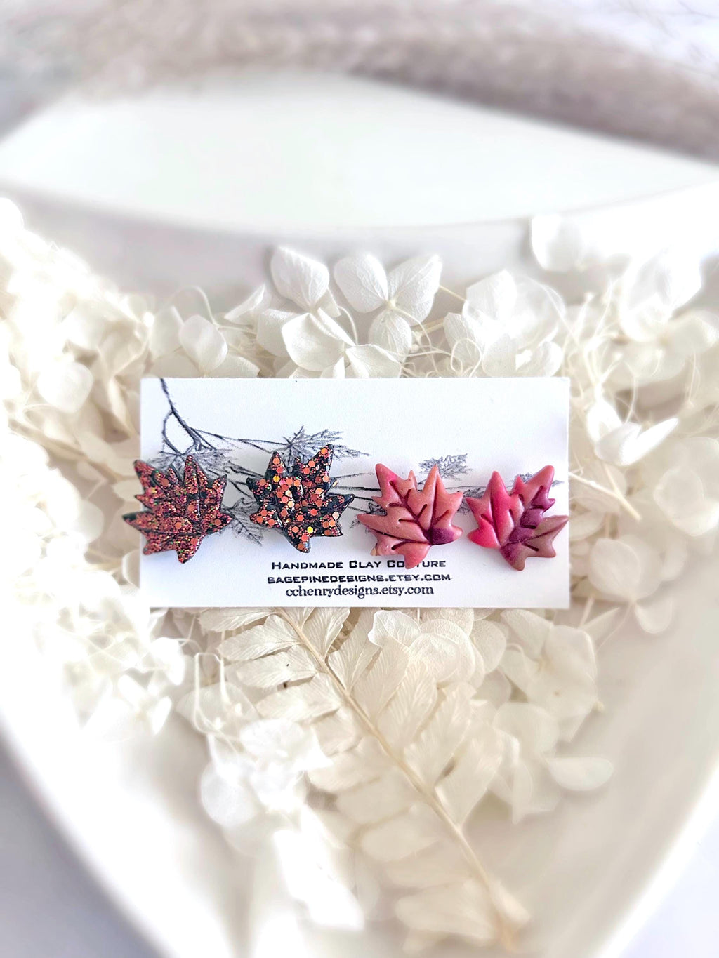 Red Maple Fall Leaf Stud Earrings, Glitter Clay Studs Set, Fire Sparkly Handmade Post