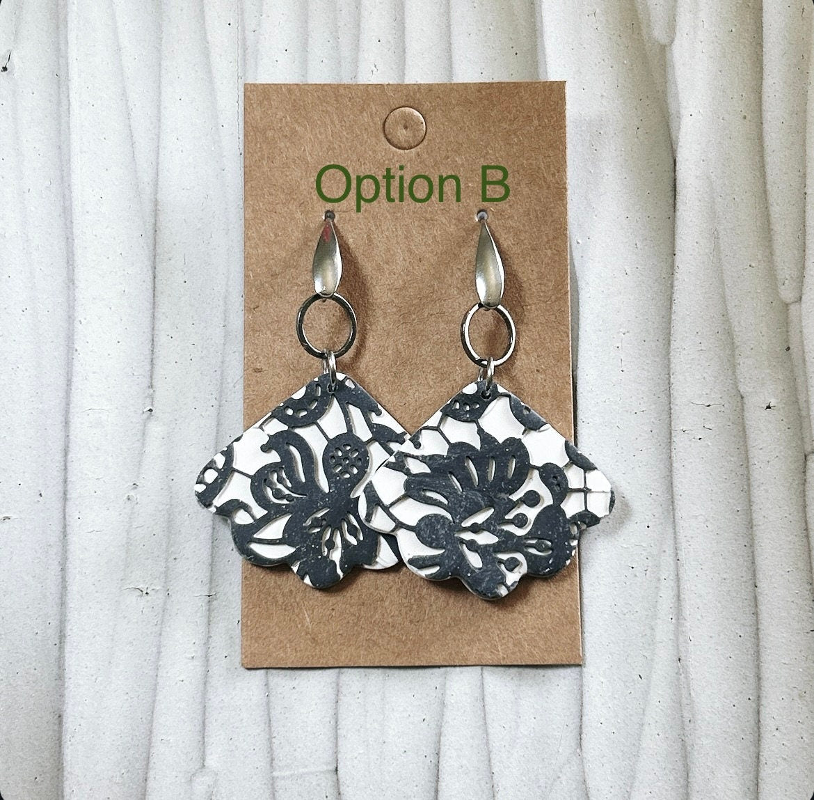 Black & White Lace Earrings, Charcoal Gray Wedding Dangles, Stainless Steel Clay Jewelry Handmade