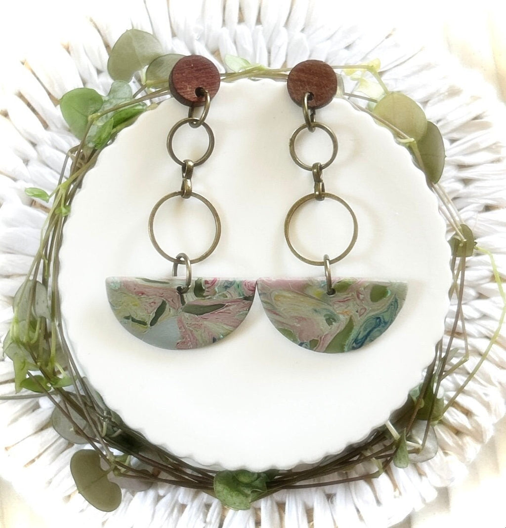 Pink and Olive Dangle Earrings, Extra Long Boho Dangles, Bronze, Clay & Wood