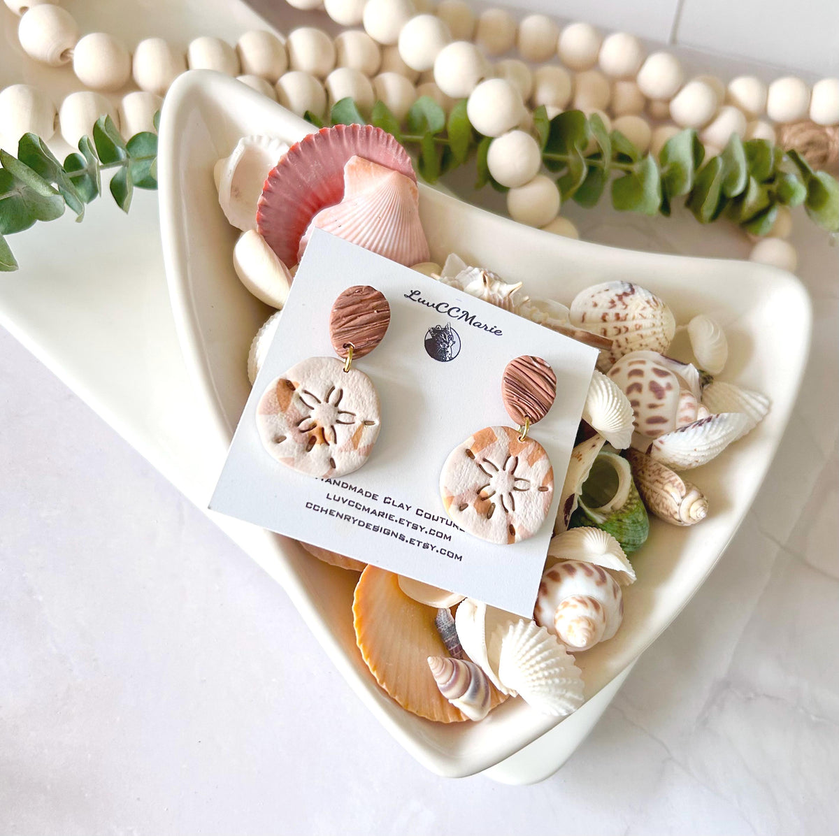 Sand Dollar Beach Earrings, Terracotta White Seashell Dangles, Handmade Clay Coastal Vacation Jewelry Gift