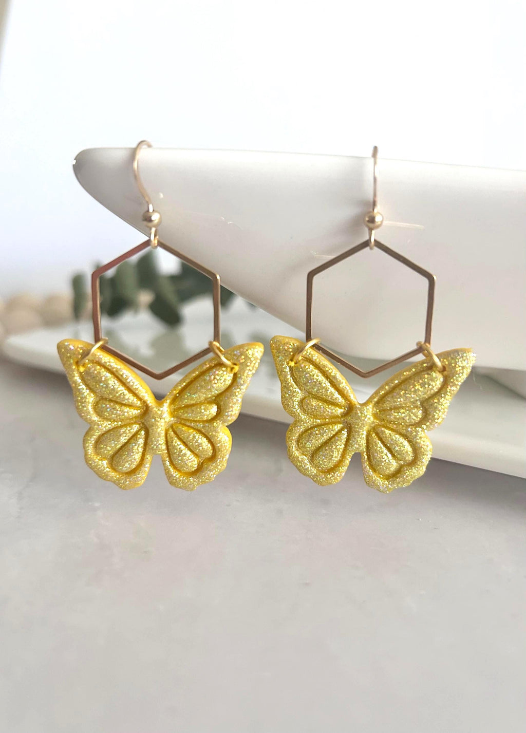 Hoop Butterfly Earrings, Sparkly Holographic Gold Monarch Dangles, Handmade Clay Unique Jewelry