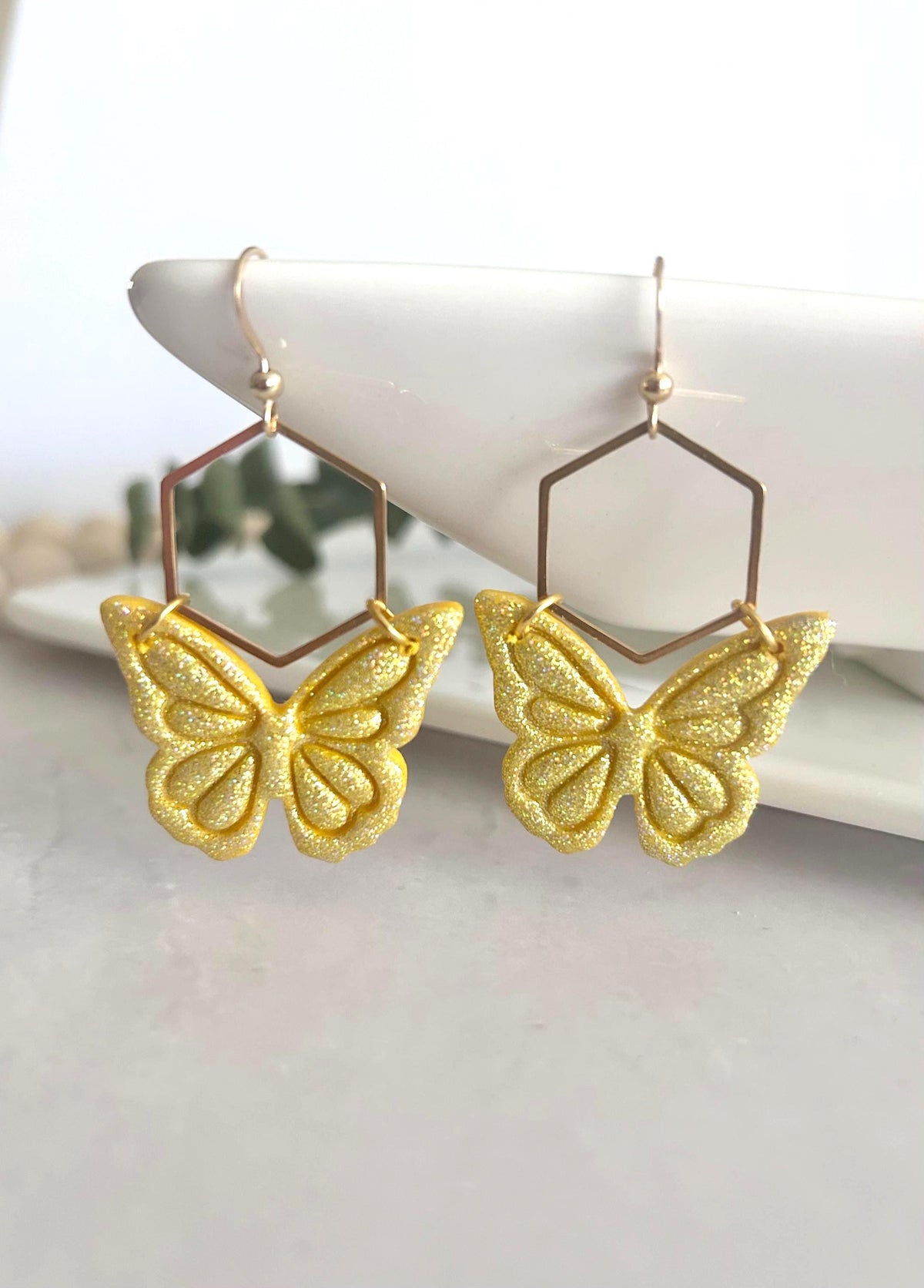 Hoop Butterfly Earrings, Sparkly Holographic Gold Monarch Dangles, Handmade Clay Unique Jewelry