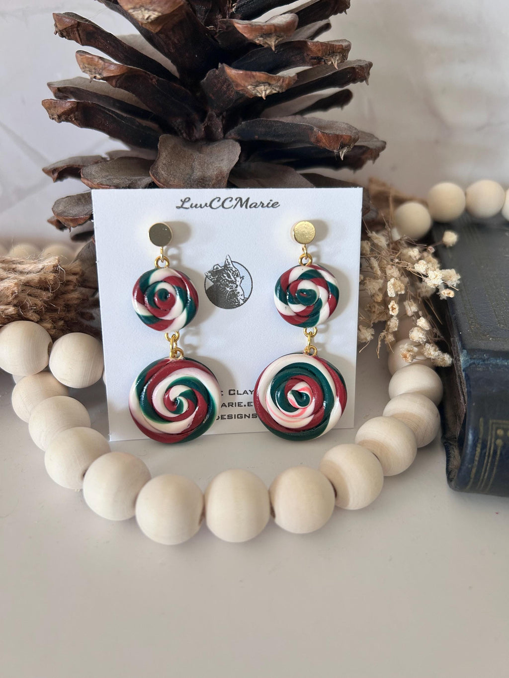 Red and White Peppermint Candy Dangle Earrings, Whimsical Holiday Clay Jewelry, Stocking Stuffers, Foodie Gift