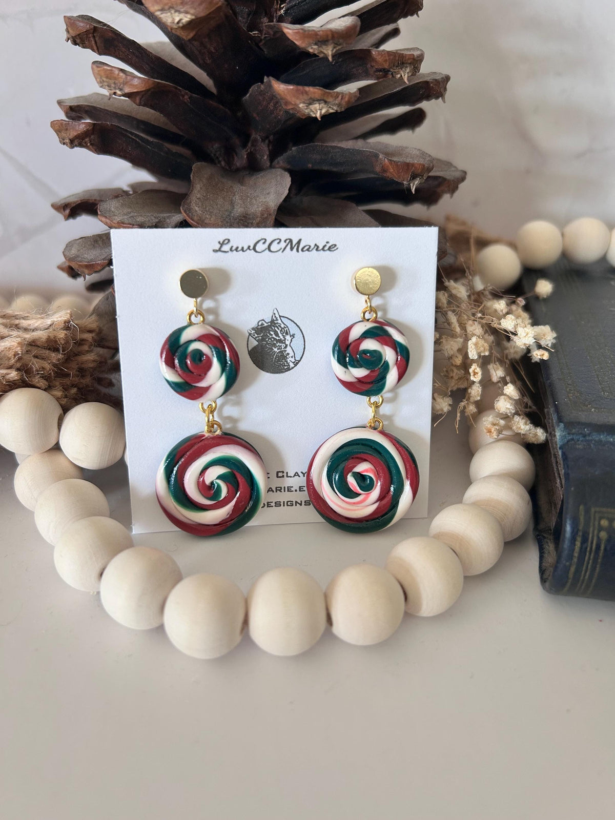 Red and White Peppermint Candy Dangle Earrings, Whimsical Holiday Clay Jewelry, Stocking Stuffers, Foodie Gift