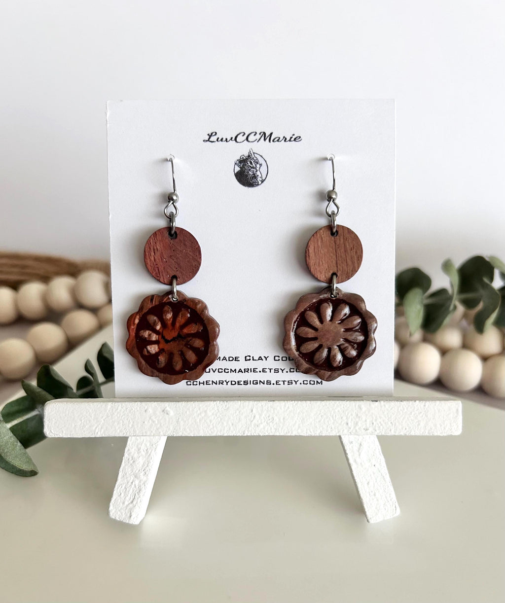 Dark Brown Clay and Wood Dangle Earrings, Santorini Tile Dangles, Fall Neutral Handmade Jewelry Gift