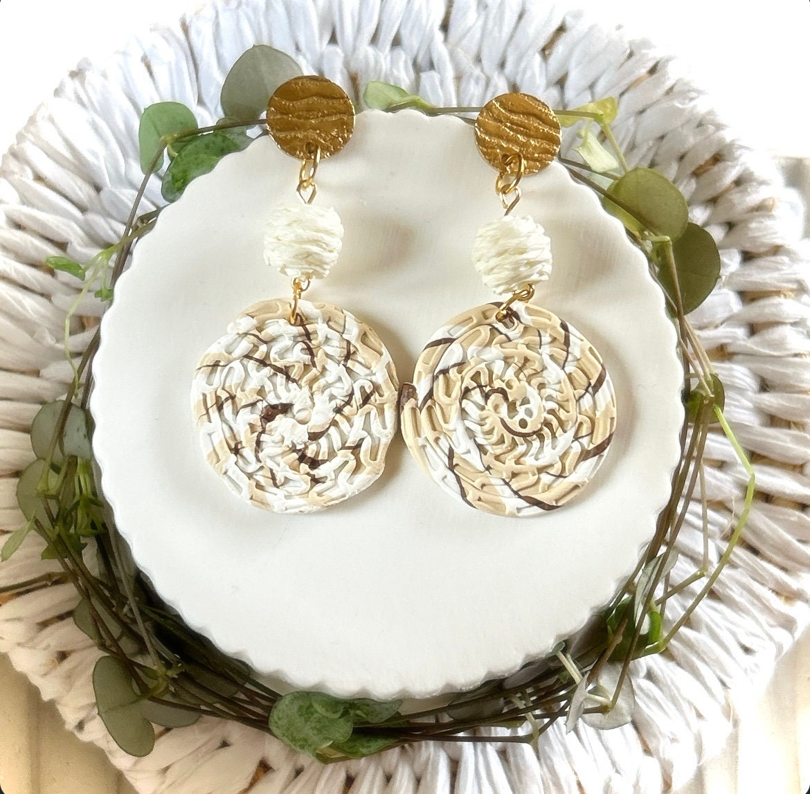 Handmade Clay Dangle Earrings, Raffia Dangles, Neutral Unique Boho Jewelry