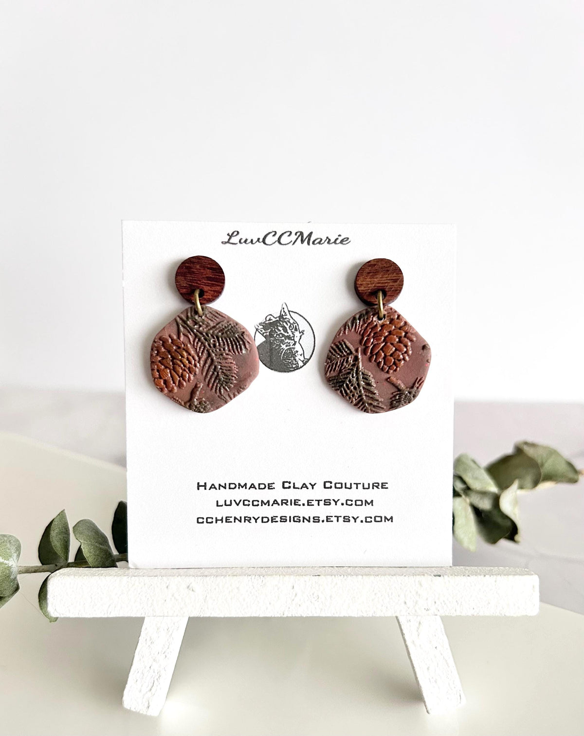 Pine Bough Clay and Wood Dangle Earrings, Fall Pinecone Walnut Stud Boho Jewelry