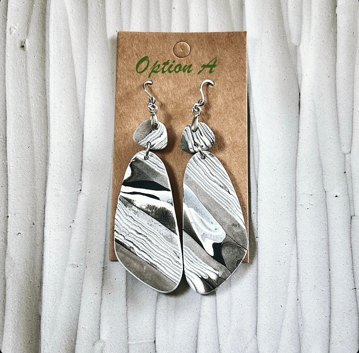 Marbled Clay Dangle Earrings: Gray Black White Boho Jewelry