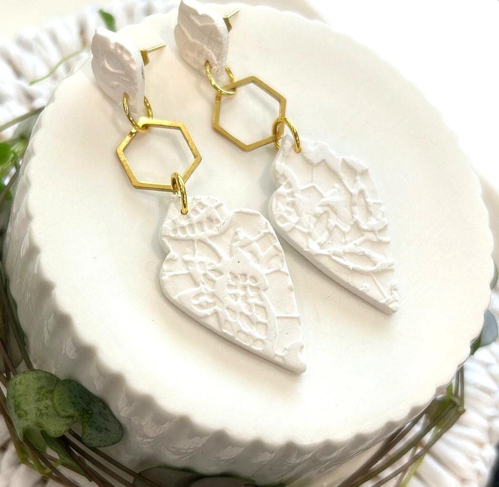 White and Gold Long Earrings, Modern Geometric Clay Dangles, Floral Embossed Handmade Jewelry