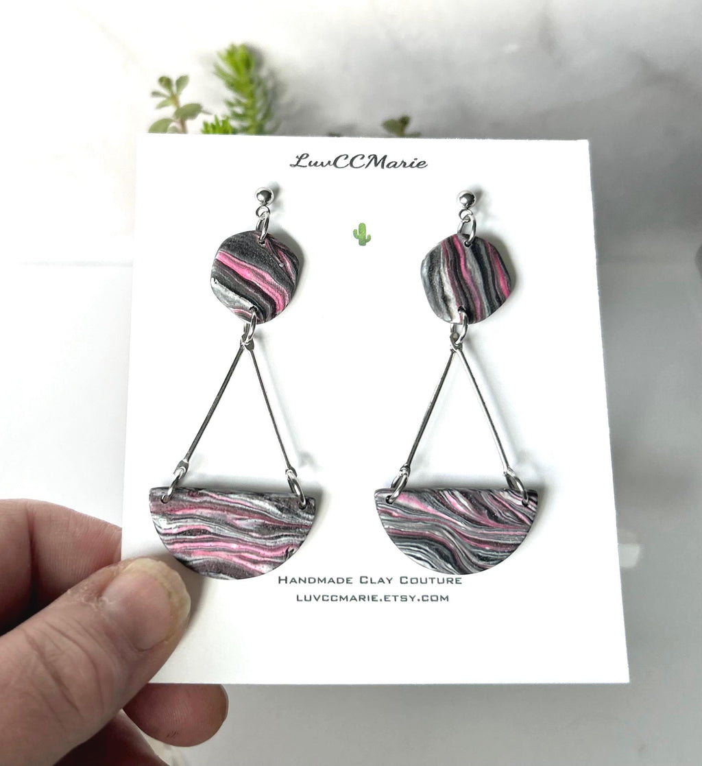 Hot Pink Black and White Zebra Stripe Chandelier Earrings, Clay Dangles, Handmade Jewelry Gift