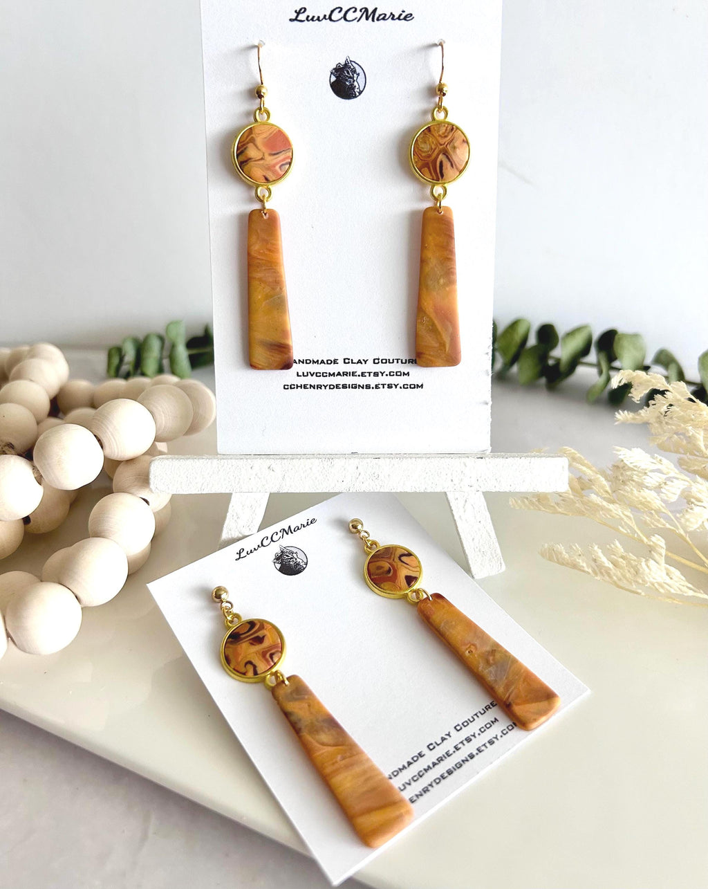Mustard Yellow Clay Earrings, Abstract Bar Dangles, Long Drop Mid-century Modern Handmade Boho Jewelry