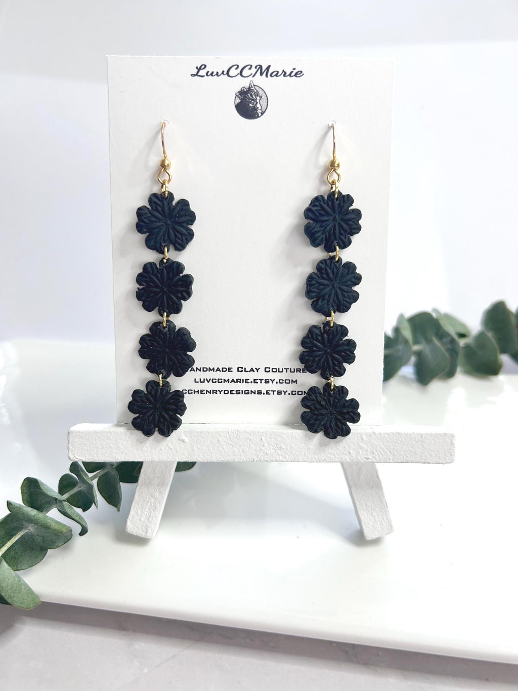 Black Daisy Chain Dangle Earrings: Handmade Boho Clay Floral Jewelry