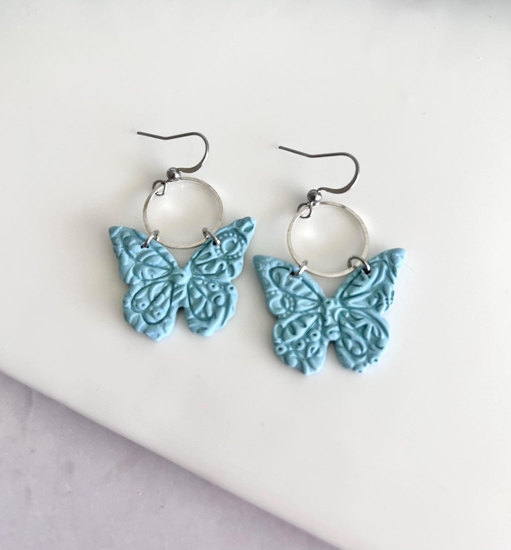 Monarch Earrings, Aqua Butterfly Hoop Dangles, Handmade Lightweight Jewelry Gift
